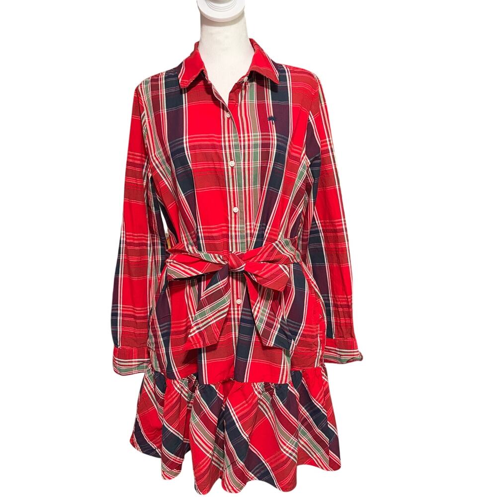 Crown & Ivy Plaid Shirt Dress Large Red Tartan Belted Tiered Ruffle Holiday